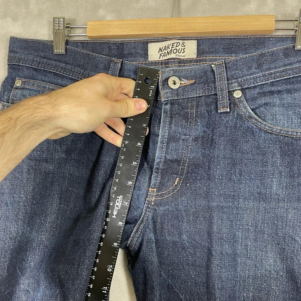 Naked & Famous Jeans Mens 34 (fit 36x33) Raw Dark Denim Button Fly Non-Selvedge